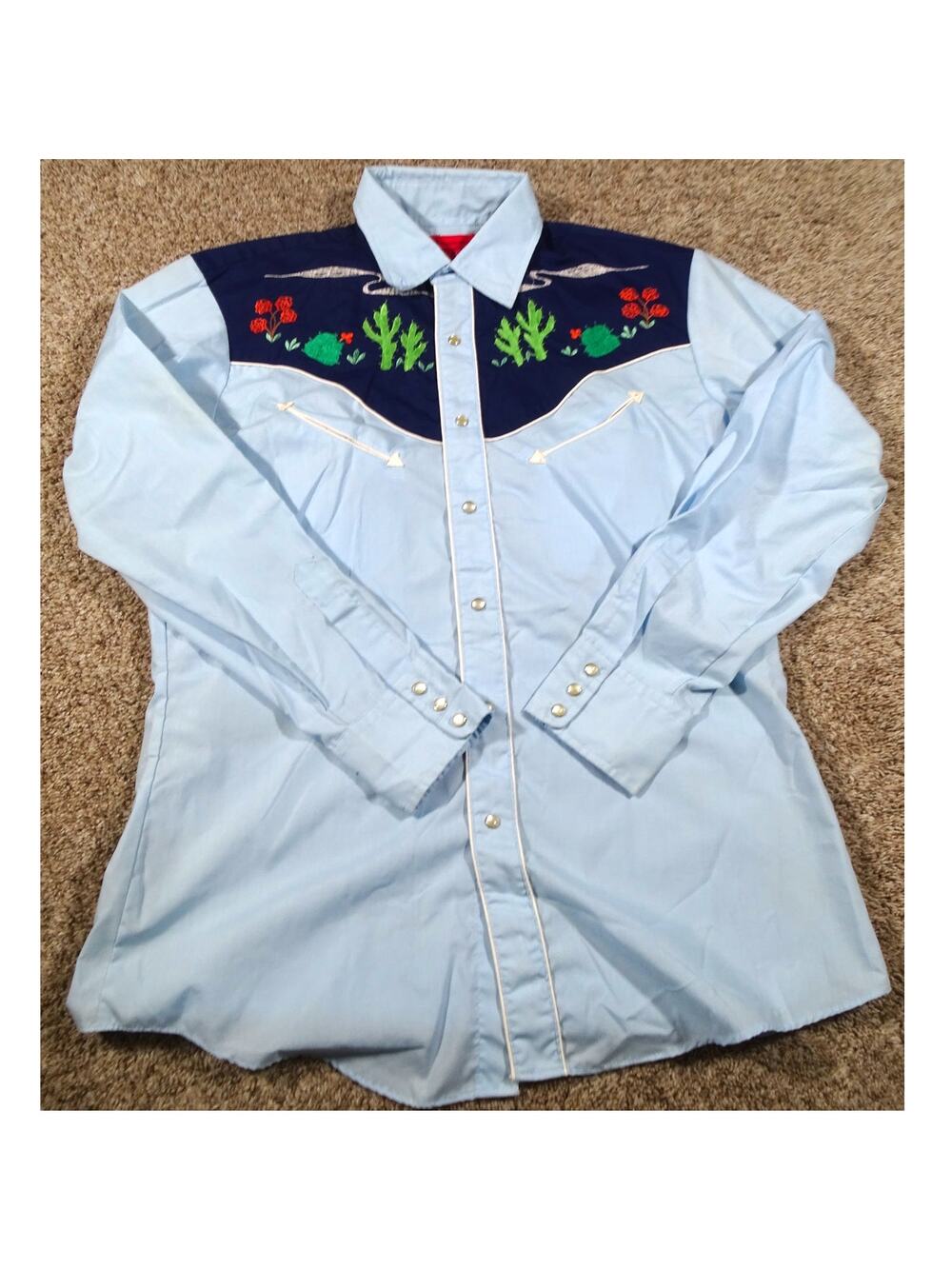 Vintage Western Pearl Snap Shirt Medium Blue Navy Desert Cactus Embroidery